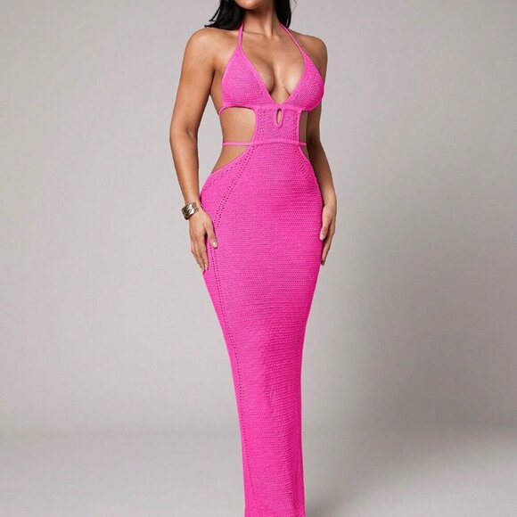Hot Pink Sexy Women's Crochet Deep V-Neck Hollow Slit Mid-Length Dress - Picture 7 of 8